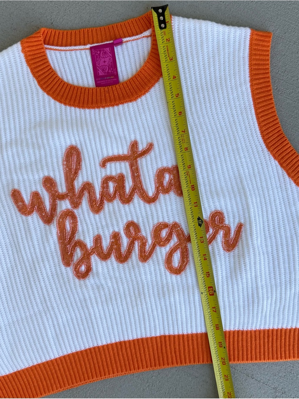 NEW Whataburger QUEEN OF SPARKLES Orange & White Rib-Knit Sweater Vest Size S - Picture 8 of 9